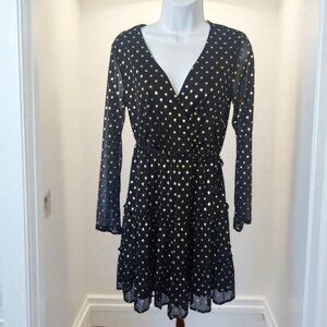 City Vibe Gold Silver Polka Dot Mini Dress Long Sleeve Small